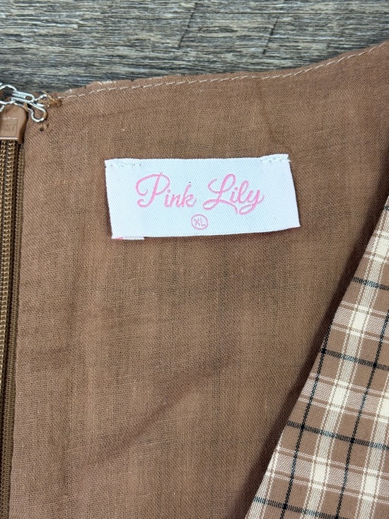 Pink Lily Brown Plaid Cotton Mini Dress Tie Front Cottagecore XL - Picture 6 of 11